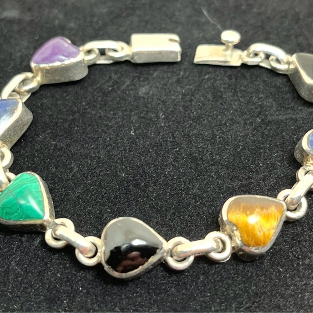 Vintage Taxco 7 Inch Heart Shaped Multi Stone Sterling Silver Bracelet - Picture 6 of 9